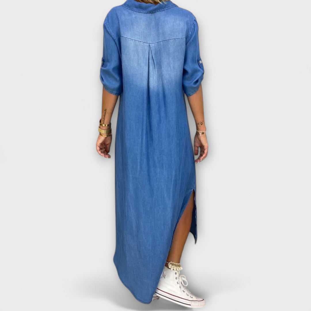 Lea - Blaues Denim-Look-Kleid mit Seitenschlitz