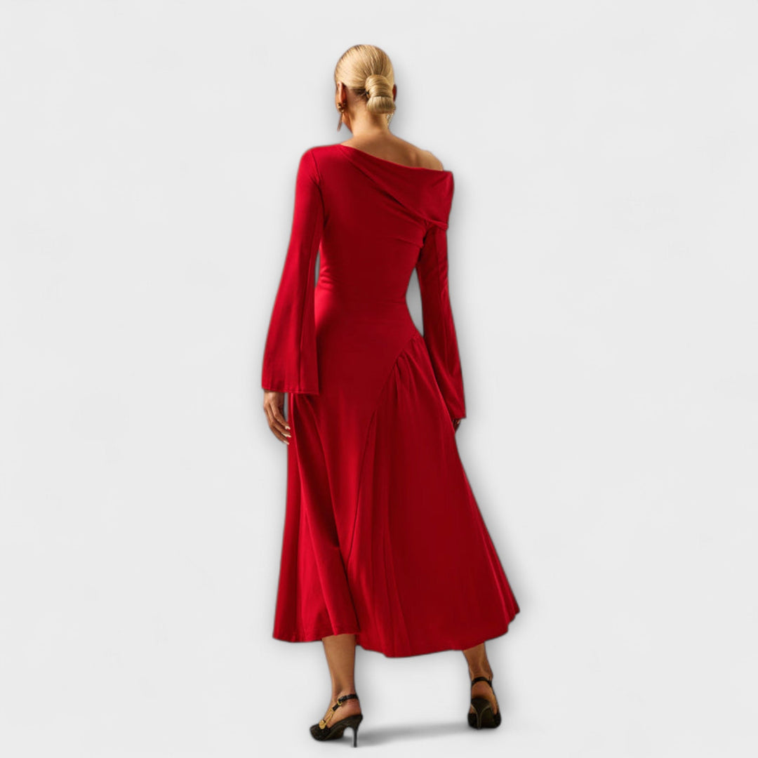 Willa - Rotes Off-Shoulder-Midikleid mit Ballärmeln