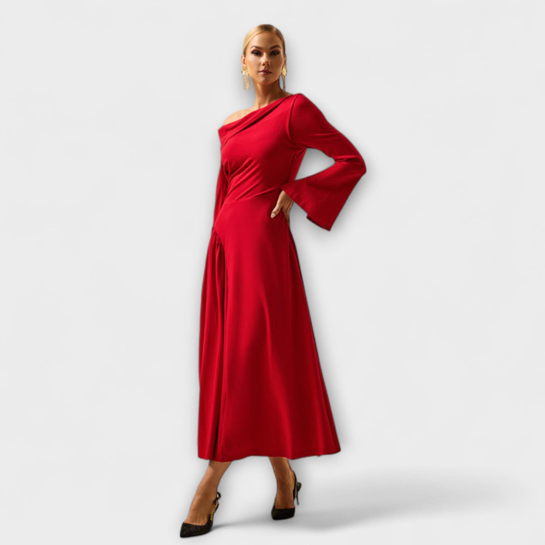 Willa - Rotes Off-Shoulder-Midikleid mit Ballärmeln