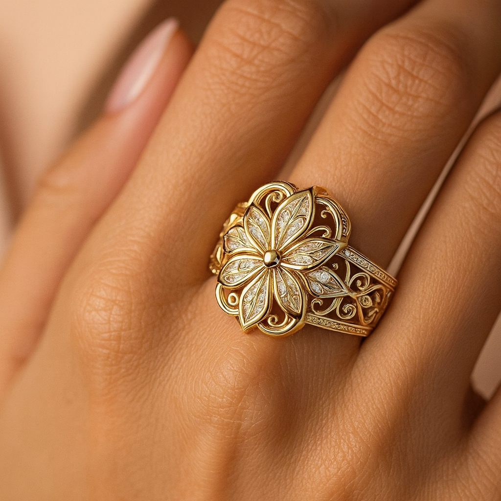 Gold Flower Ring Aisling with Filigree Petals
