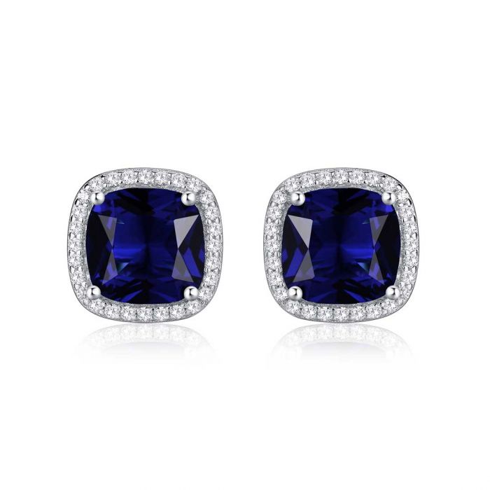 Silver Stud Earrings with Sapphire and Crystal Halo