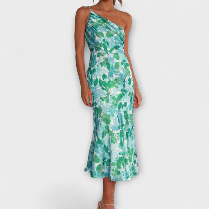 Tabea - Rosa asymmetrisches Kleid mit Blütendruck