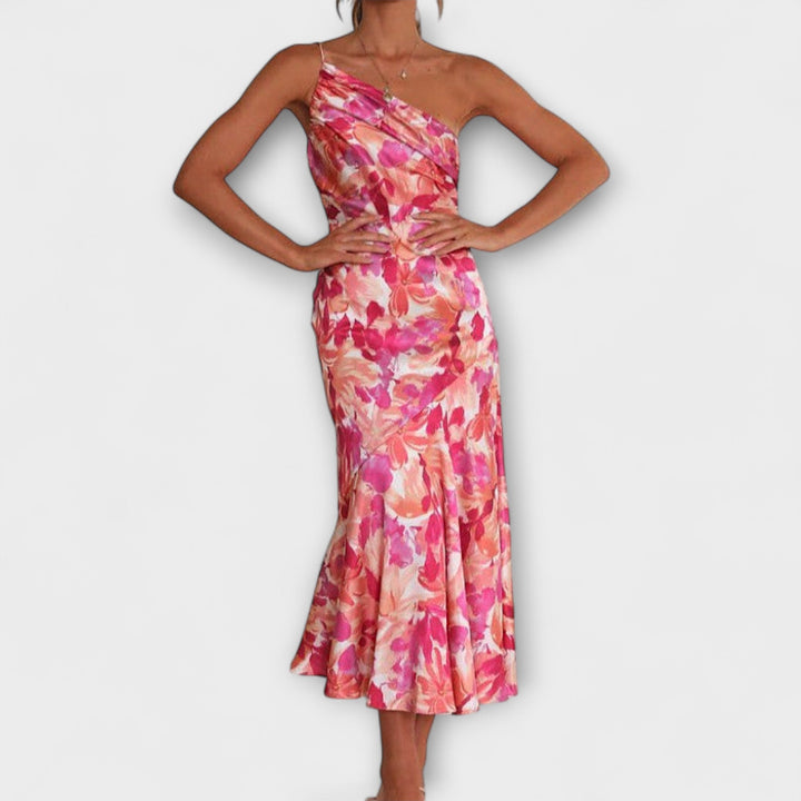 Tabea - Rosa asymmetrisches Kleid mit Blütendruck