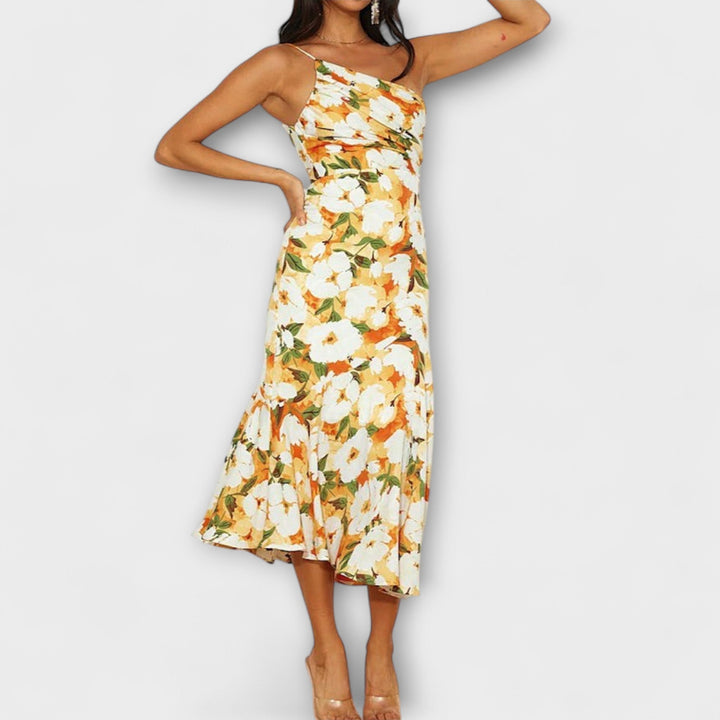 Tabea - Rosa asymmetrisches Kleid mit Blütendruck
