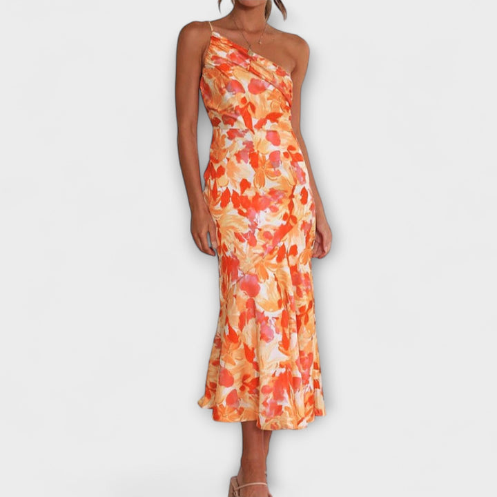 Tabea - Rosa asymmetrisches Kleid mit Blütendruck