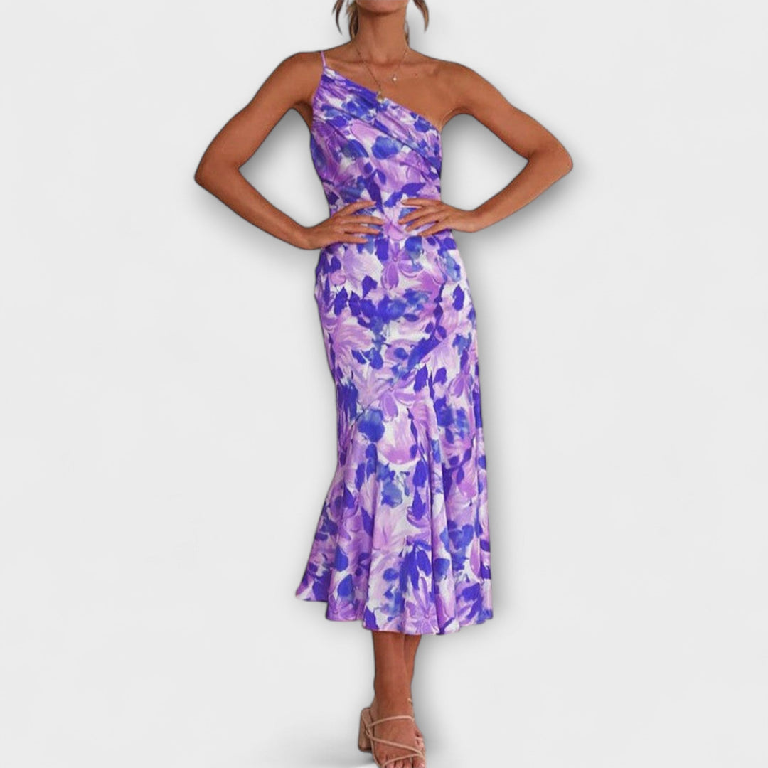 Tabea - Rosa asymmetrisches Kleid mit Blütendruck