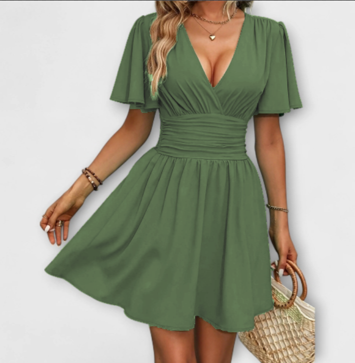 Winslet - Grünes Kleid mit geraffter Taille und V-Ausschnitt