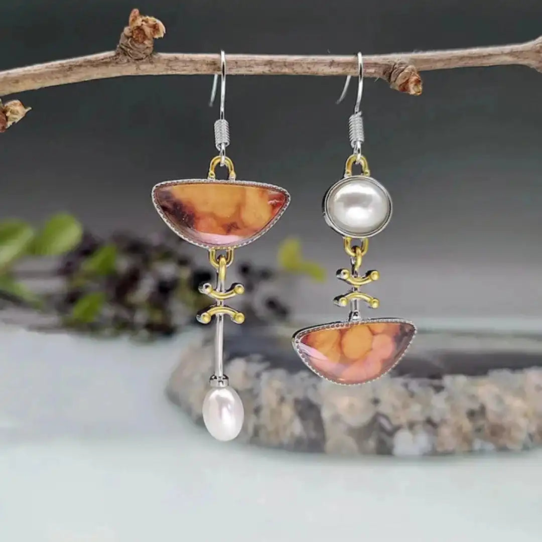 Gold & Silver Drop Earrings with Amber Stones and Pearl