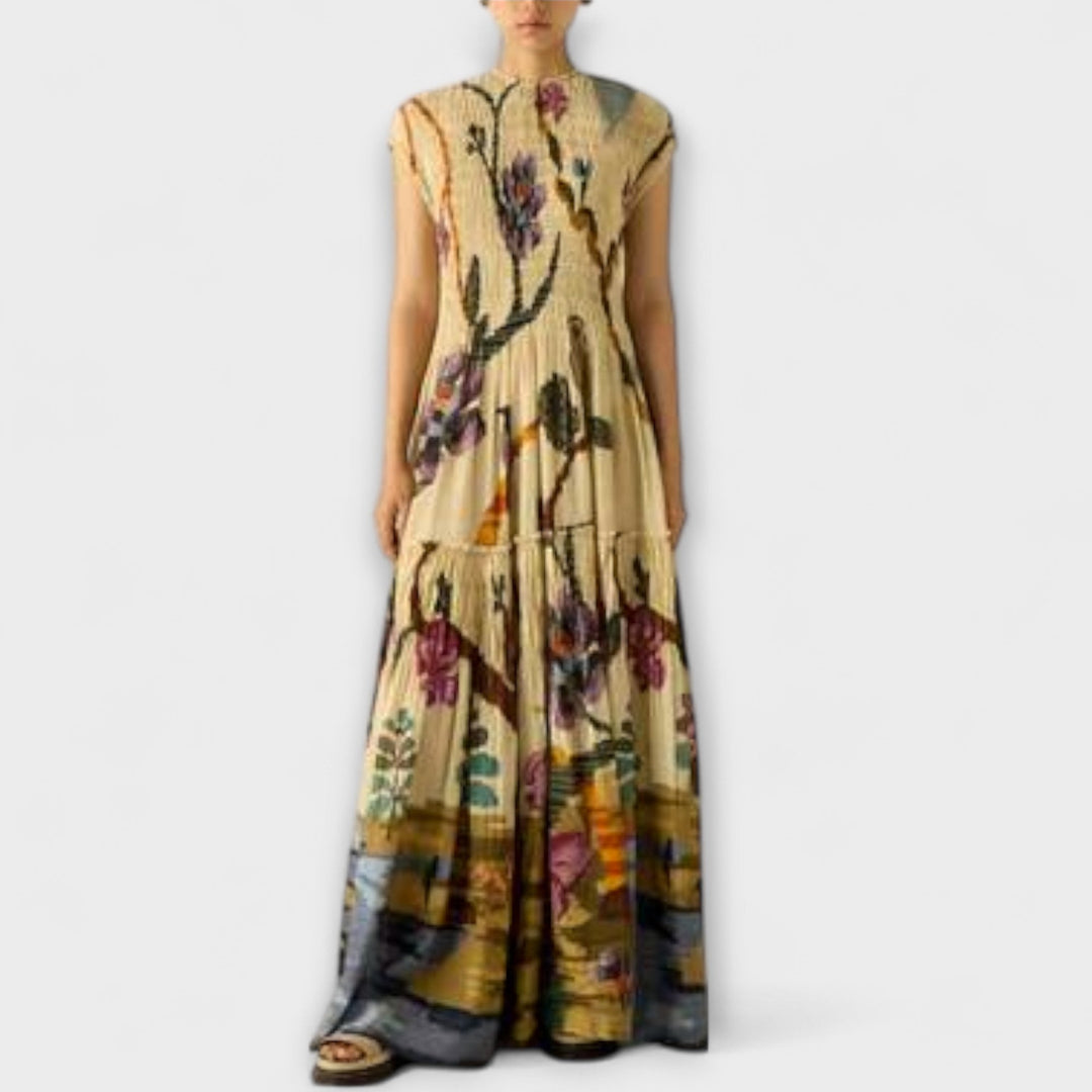 Amanda - Gelbes plissiertes Maxikleid mit Druck