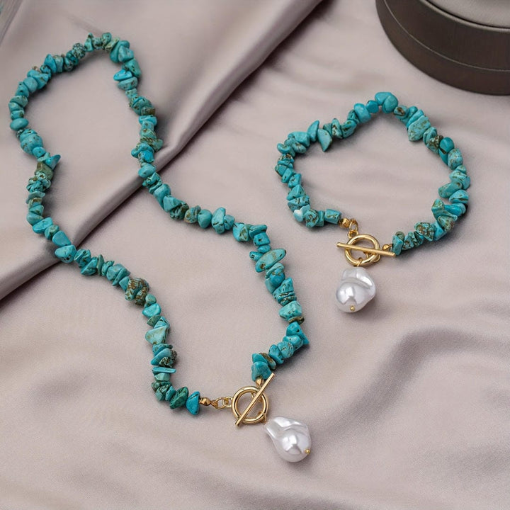 Gold Beaded Necklace Set with Turquoise and Pearl