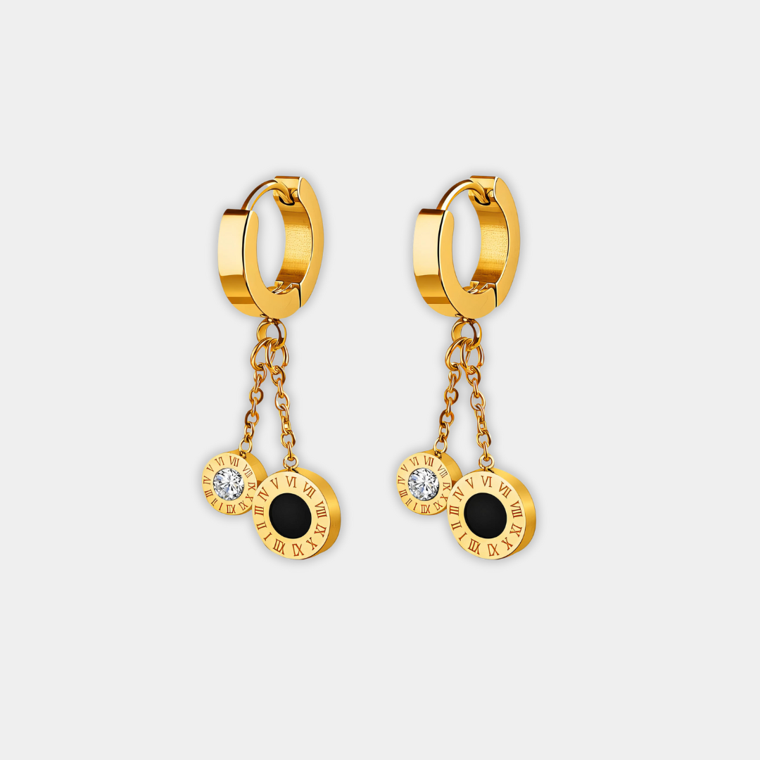 Gold Drop Earrings Aoife with Roman Numerals & Zirconia