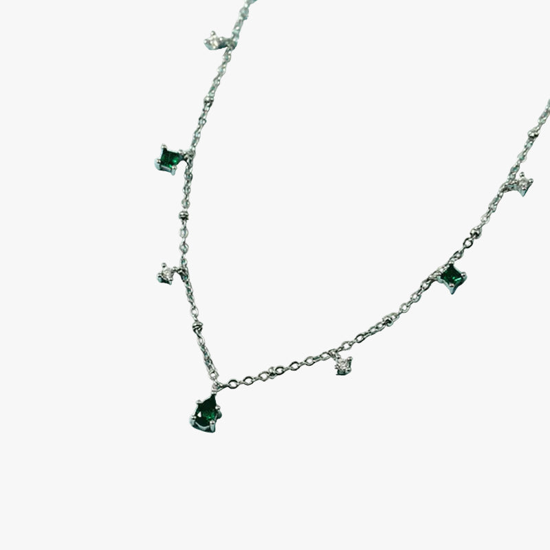 Silver Charm Necklace with Green Emerald Crystals