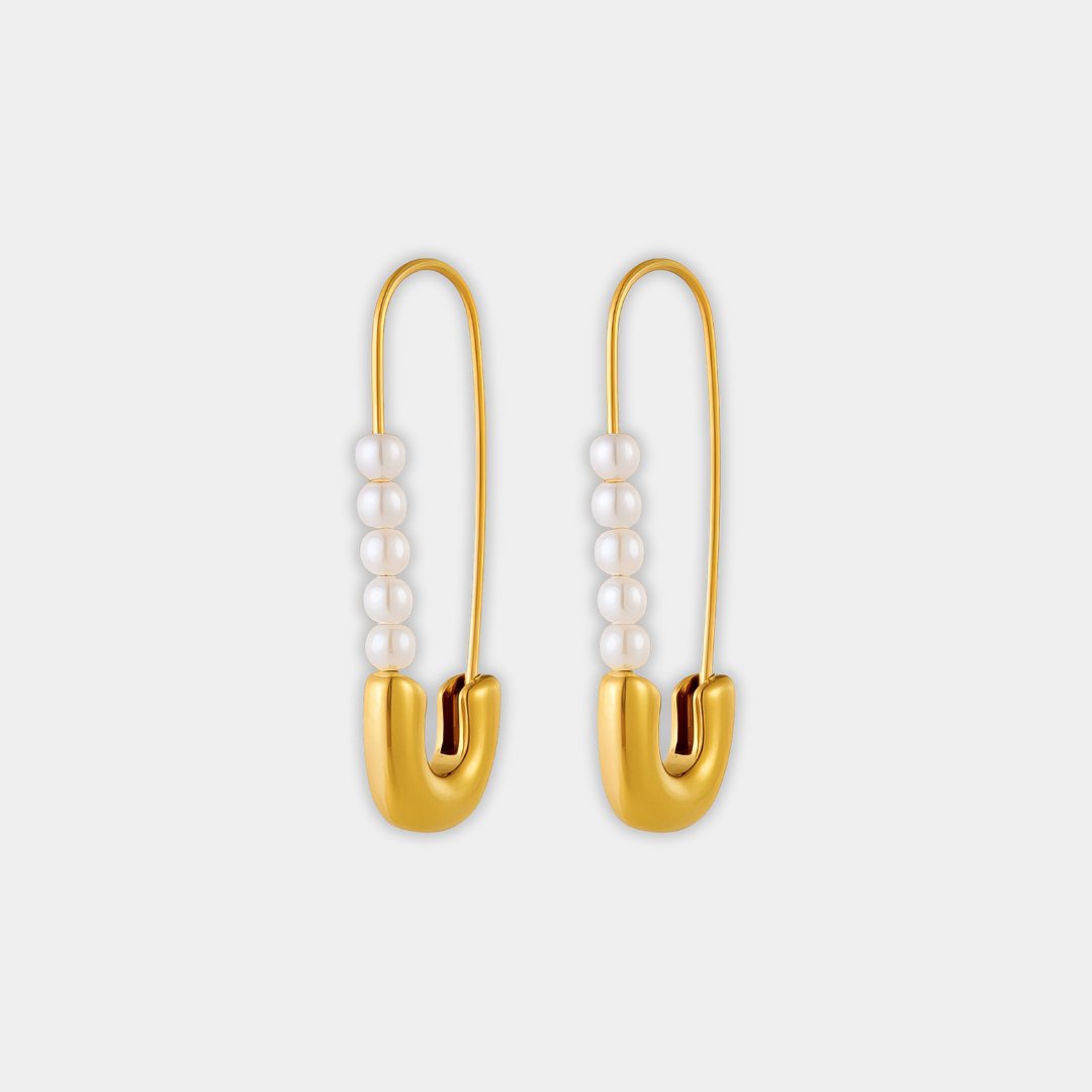 Gold Safety Pin Earrings Clíodhna with Pearls