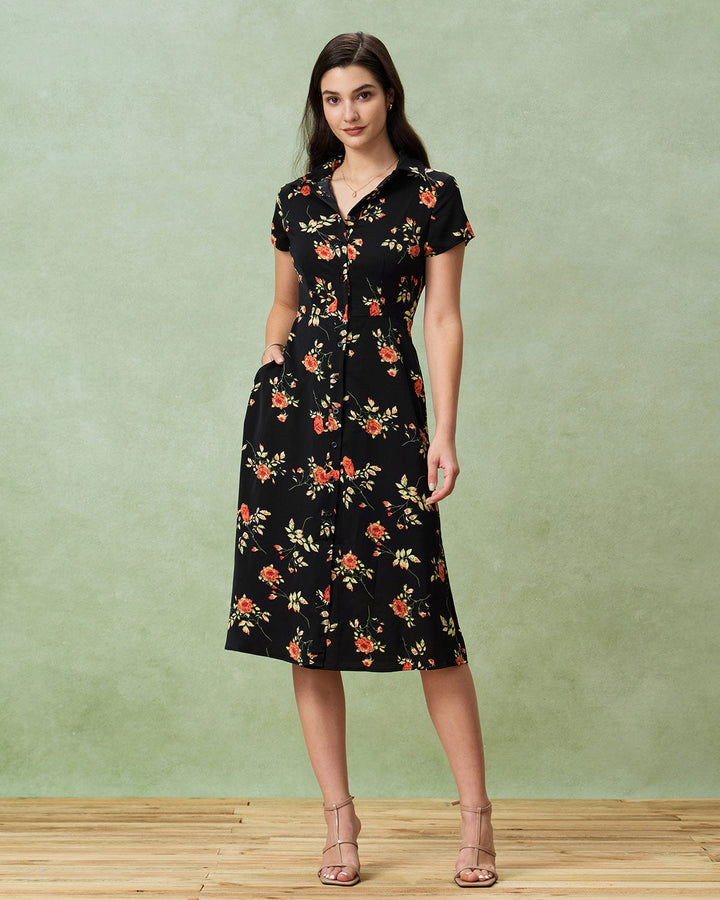 Glória - Schwarzes Midikleid mit Blütenmuster