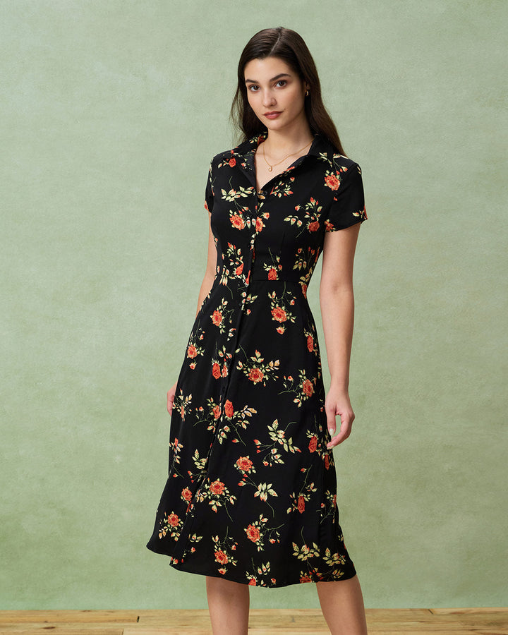 Glória - Schwarzes Midikleid mit Blütenmuster
