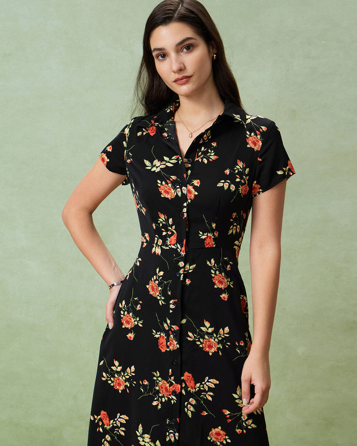 Glória - Schwarzes Midikleid mit Blütenmuster