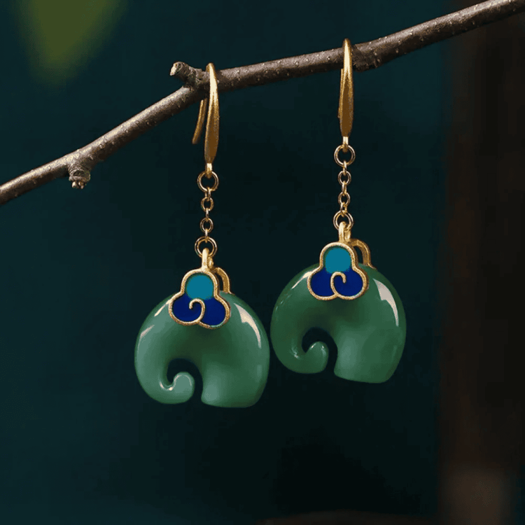 Gold Drop Earrings Clifden with Green Elephant
