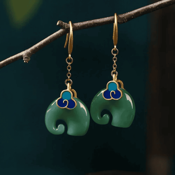 Gold Drop Earrings Clifden with Green Elephant