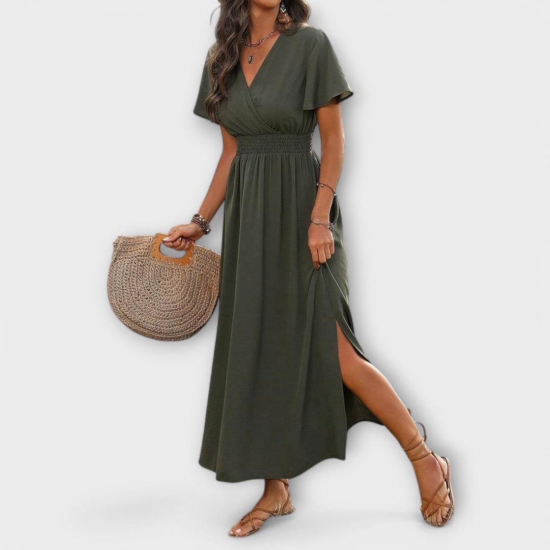 Heather - Olivgrünes Boho-Kleid mit Schlitz