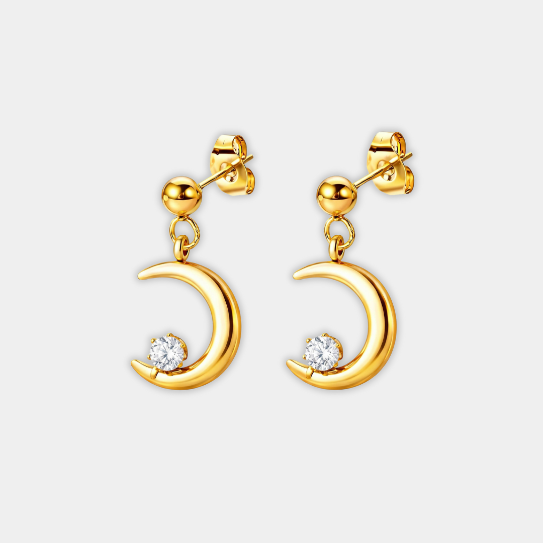 Gold Crescent Moon Stud Earrings Áine with Zirconia
