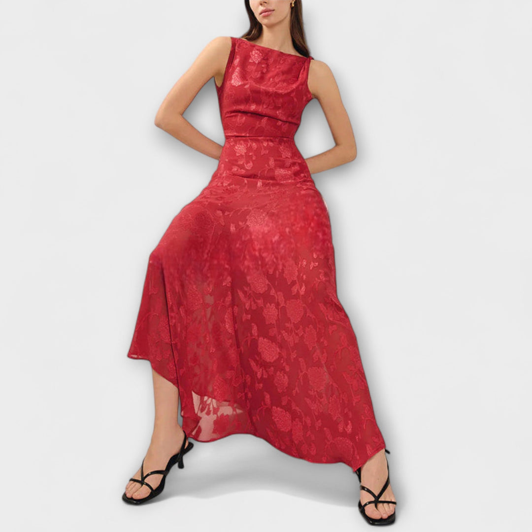 Opal - Rotes rückenfreies Jacquard-Maxikleid