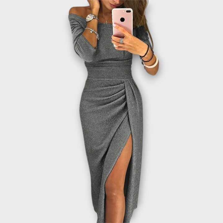 Lena - Graublaues Off-Shoulder-Kleid mit Schlitz