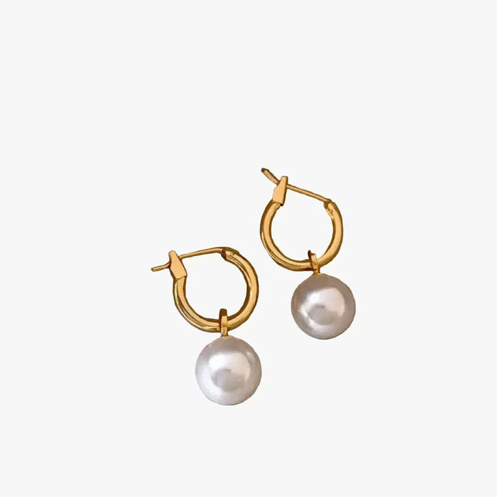 Gold Hoop Earrings Dingle with Pearl Drop