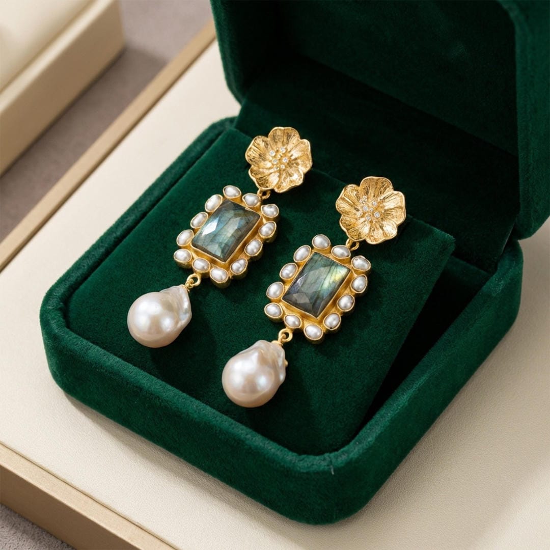 Gold Flower Drop Earrings with Labradorite and Pearl
