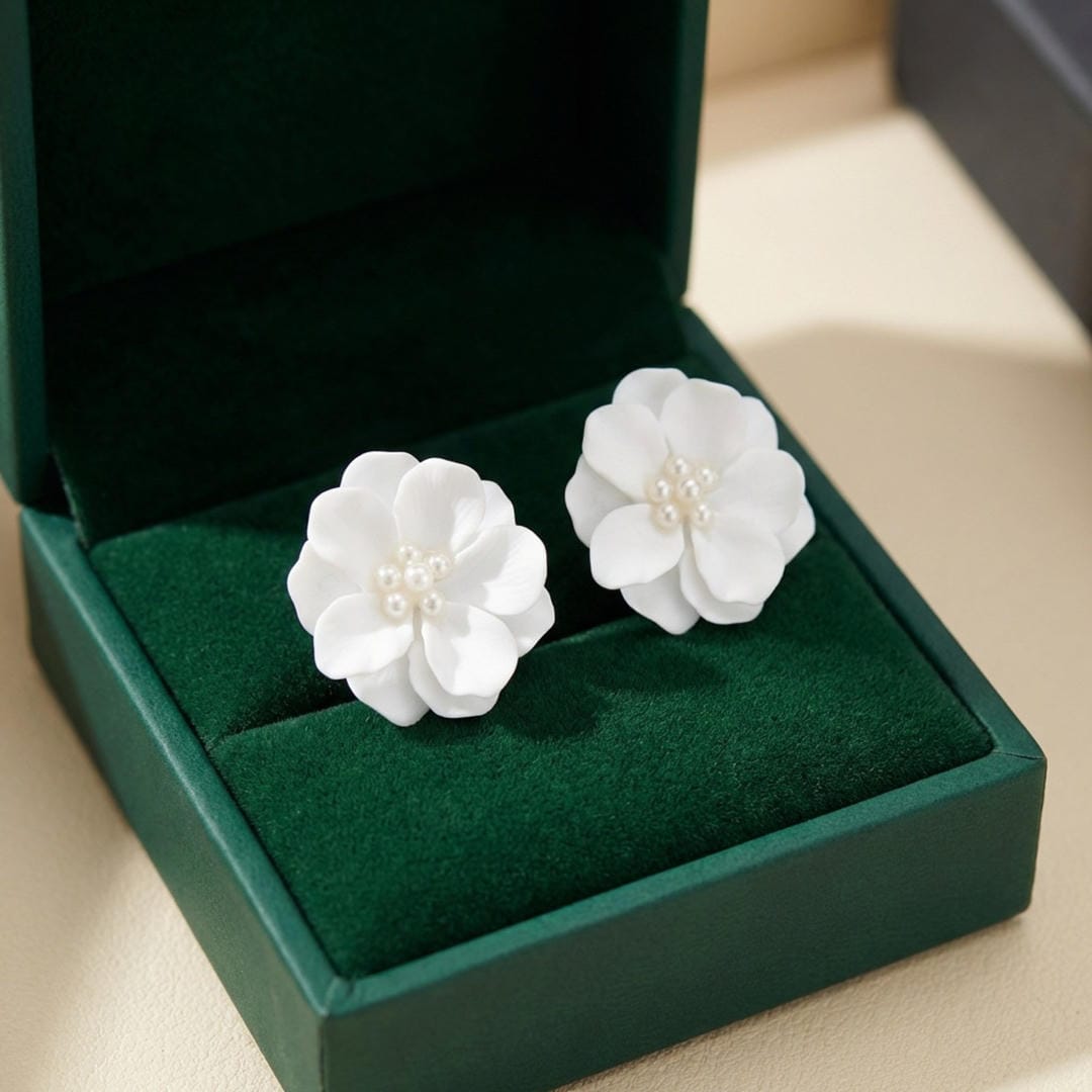 Gold Stud Earrings Sinéad with White Flower and Pearls