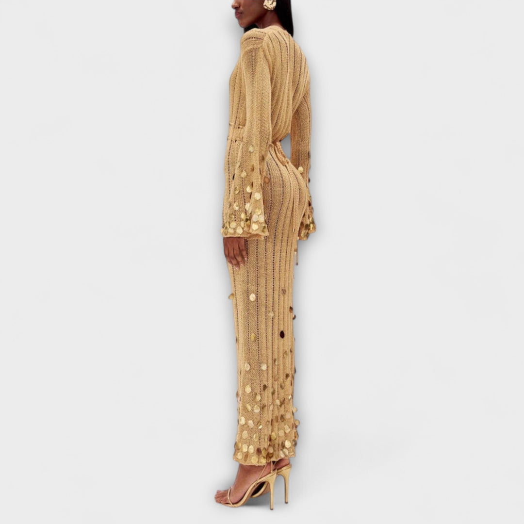 Kathleen - Goldenes Strick-Maxikleid