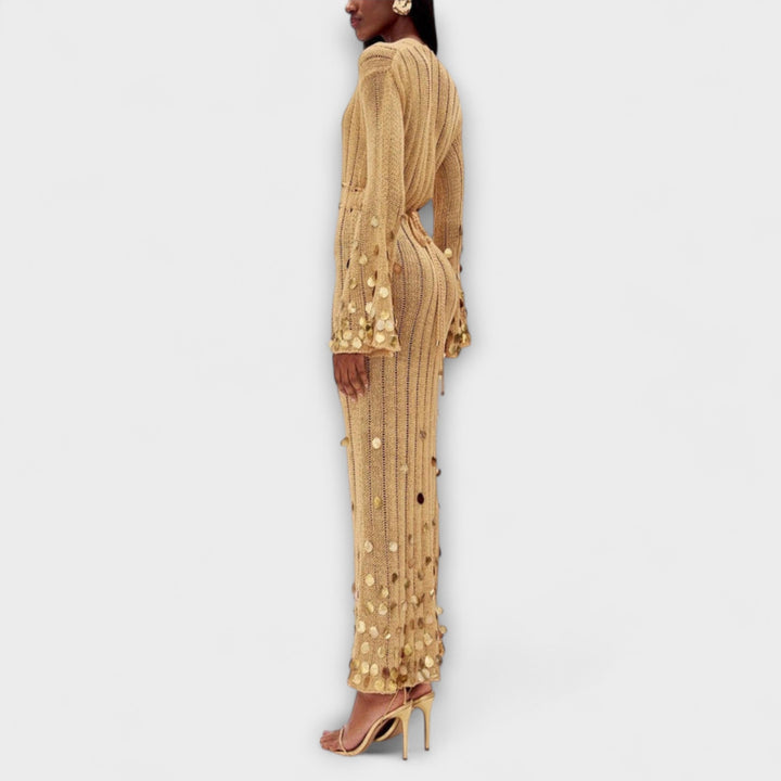 Kathleen - Goldenes Strick-Maxikleid