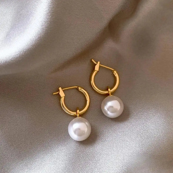 Gold Hoop Earrings Dingle with Pearl Drop