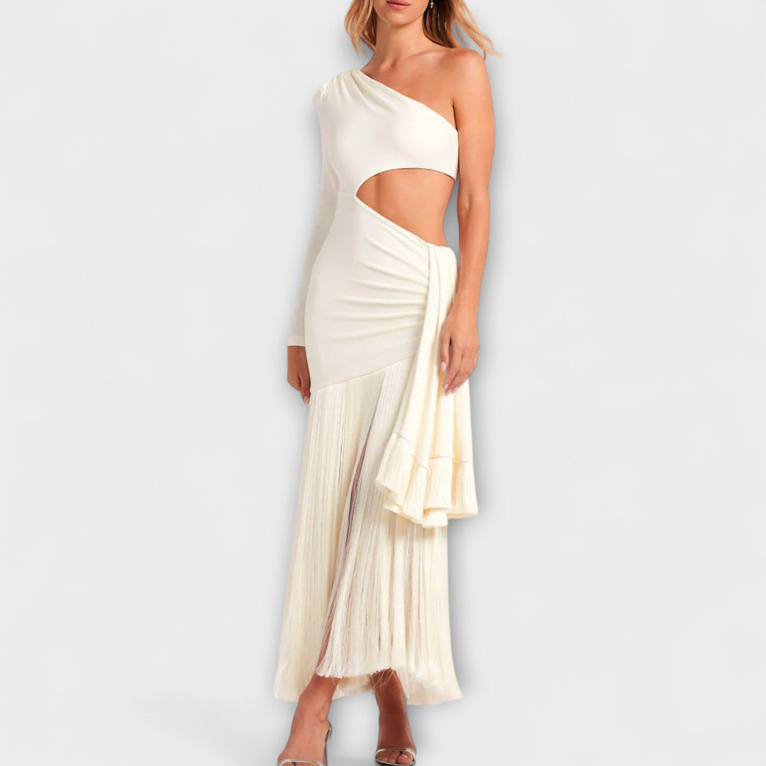 Alice - Cremefarbenes Maxikleid mit Cut-Out und Fransen
