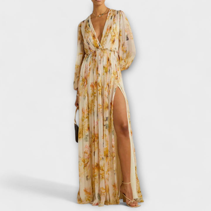 Nele - Gelbes Maxikleid mit Blütenmuster