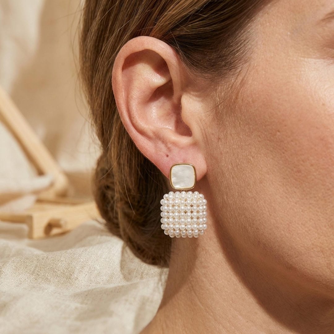 Gold Drop Earrings Cara with Pearl Cluster