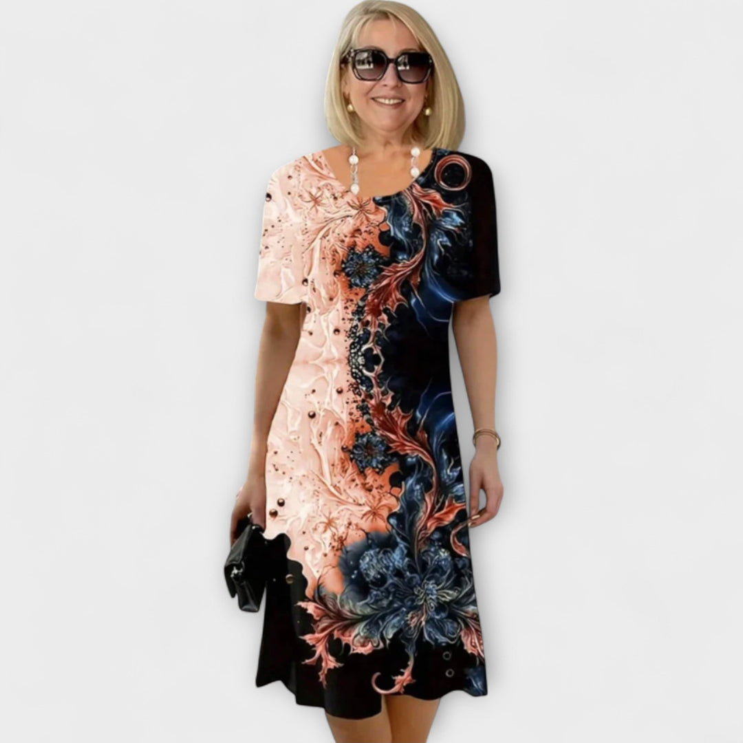 Barbara - Schwarz-blaues Kleid mit Sommerblütenmuster