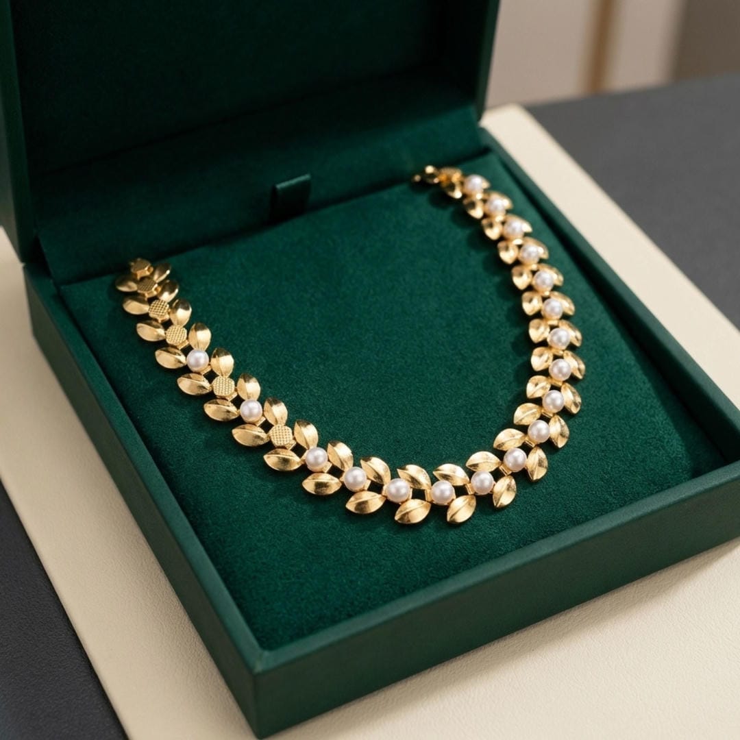 Gold Choker Necklace Órla with Leaf Links and Pearls