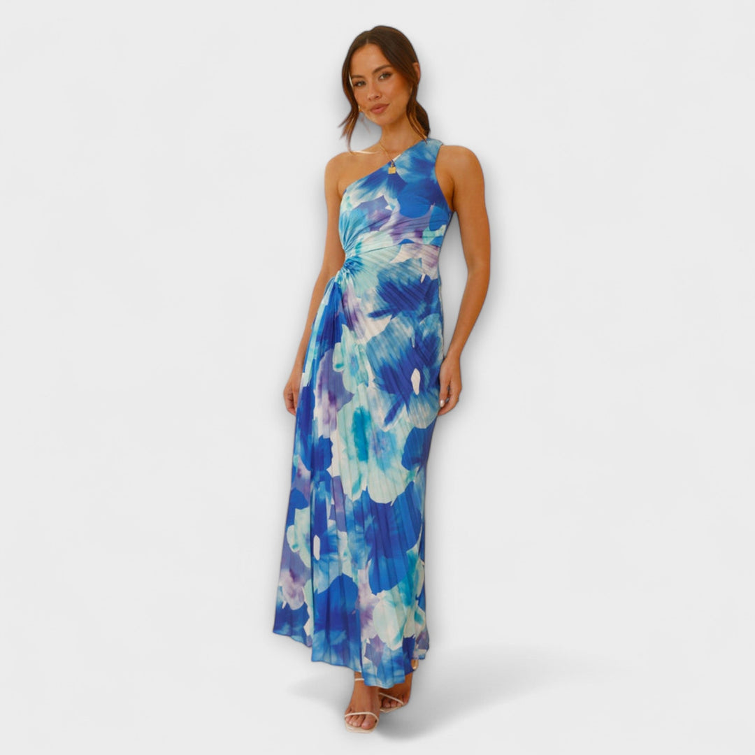 Sienna - Blaues Maxikleid mit Cut-Out und Aquarellmuster