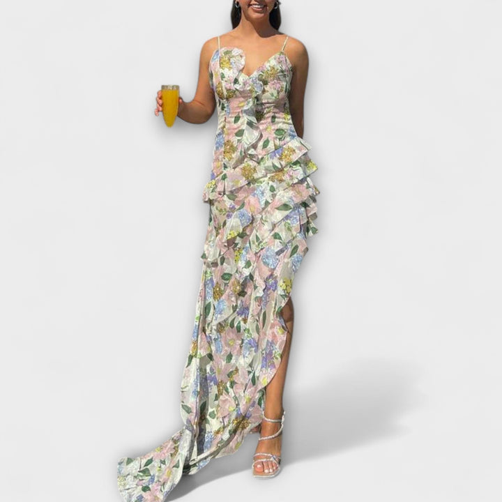 Indie - Buntes Maxikleid mit Blütendruck und Rüschen
