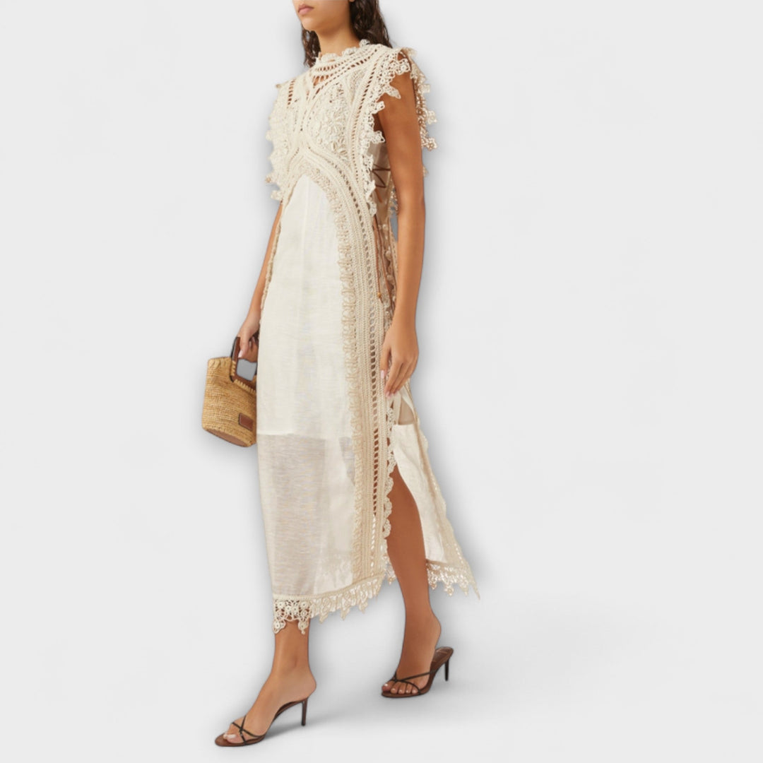 Mira - Cremefarbenes Organza-Maxikleid mit Spitze