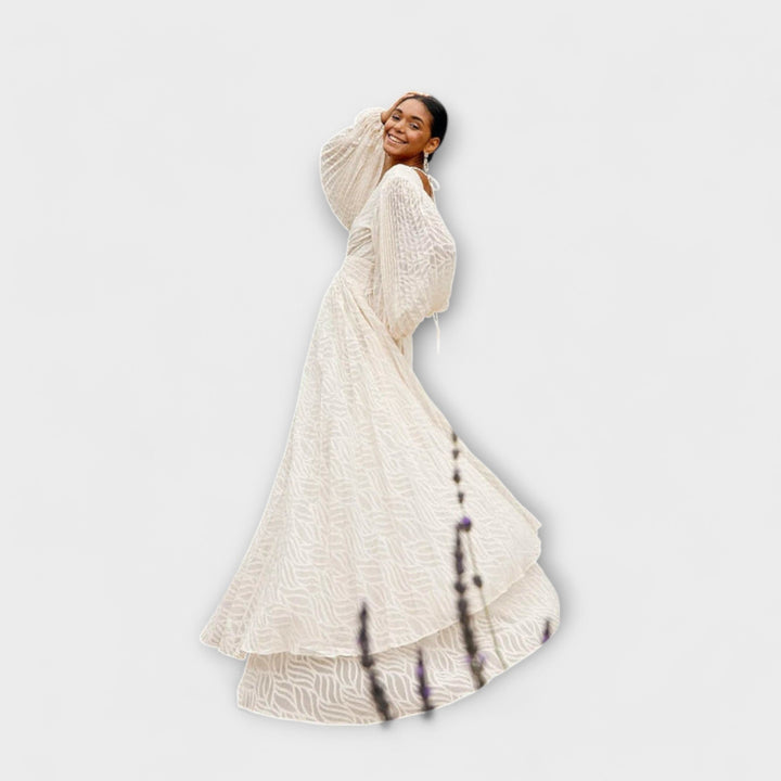Elsa - Cremefarbenes Maxikleid mit Stickerei