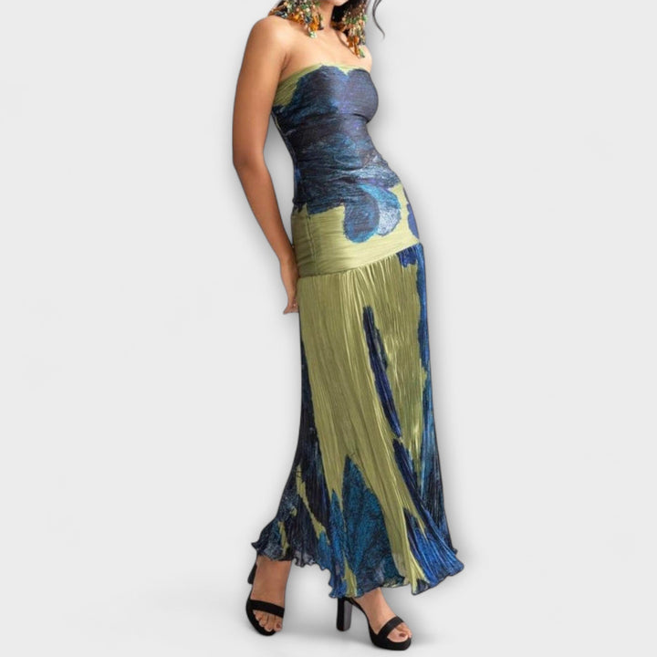 Noelle - Blau-grünes Strapless-Midikleid