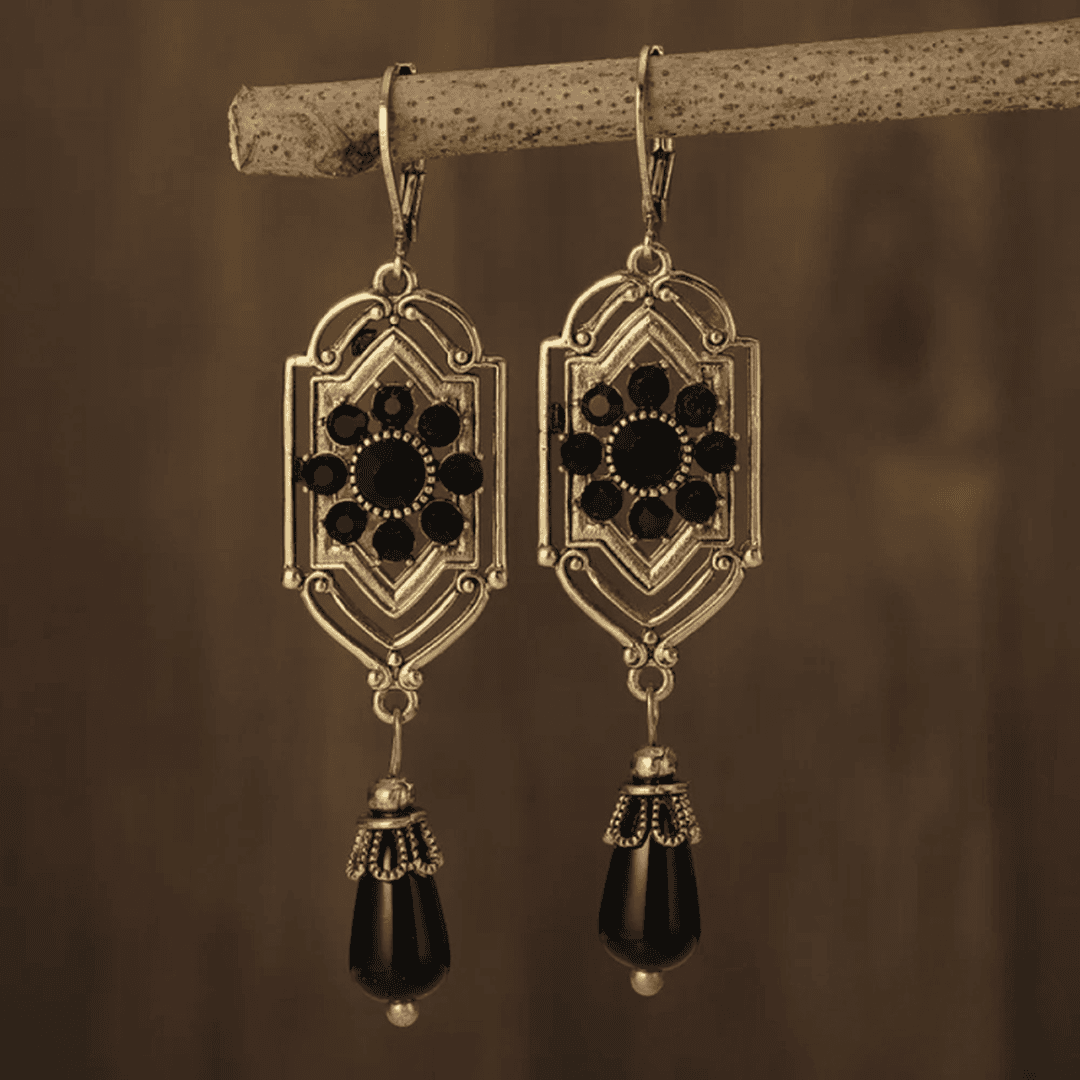 Silver Drop Earrings Cong with Black Crystals