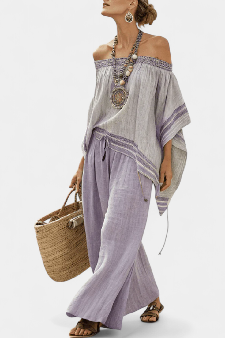 Natália - Graues Bohemian-Bardot-Ensemble mit lila Hose