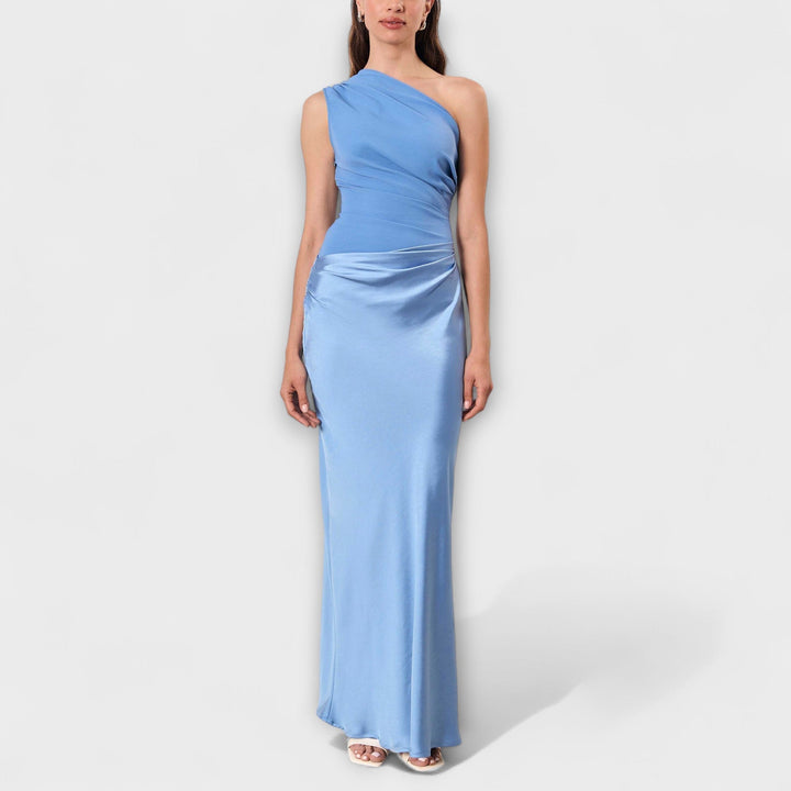 Elegantes braunes One-Shoulder-Falten-Maxikleid