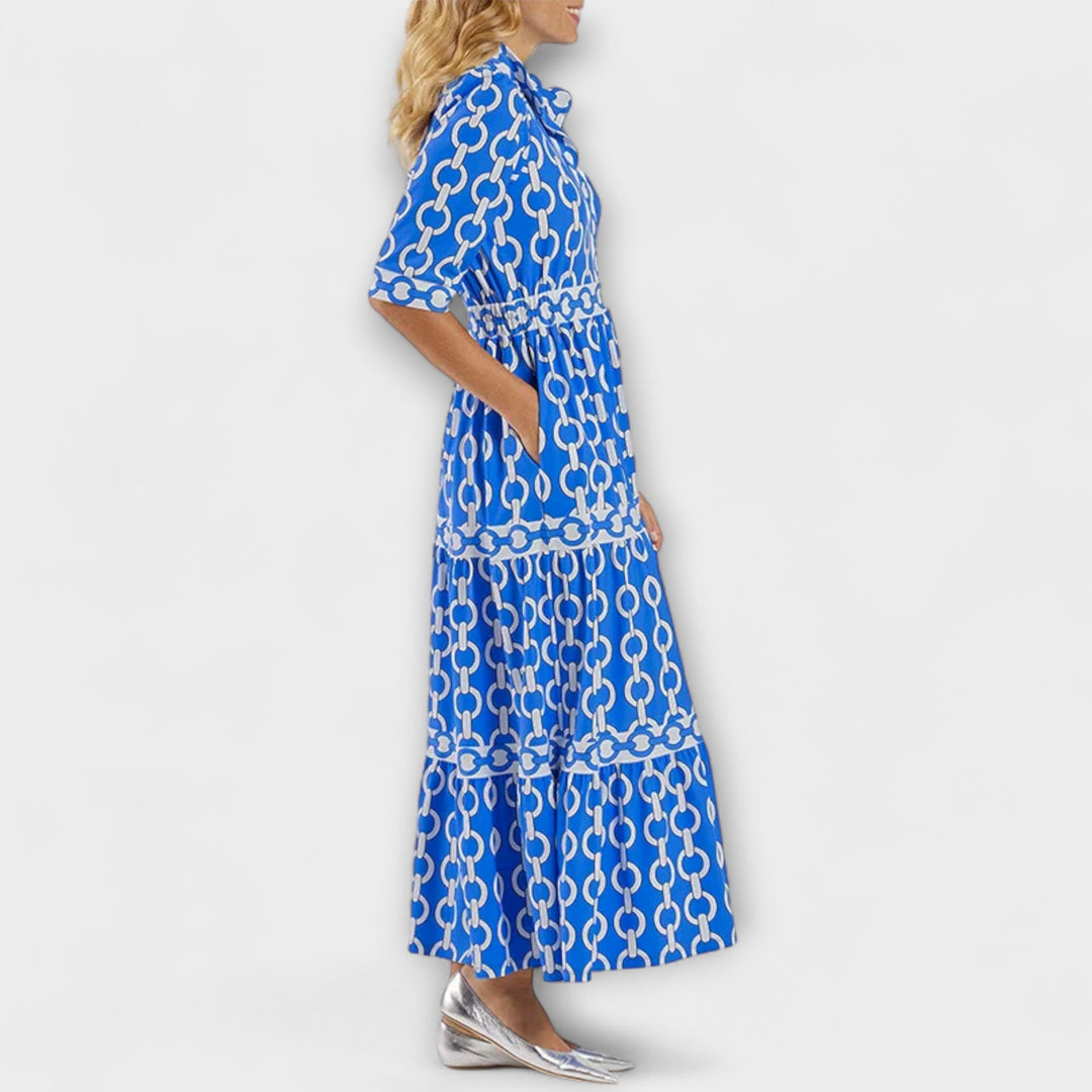 Sofia - Blaues Midikleid mit Kettenmuster