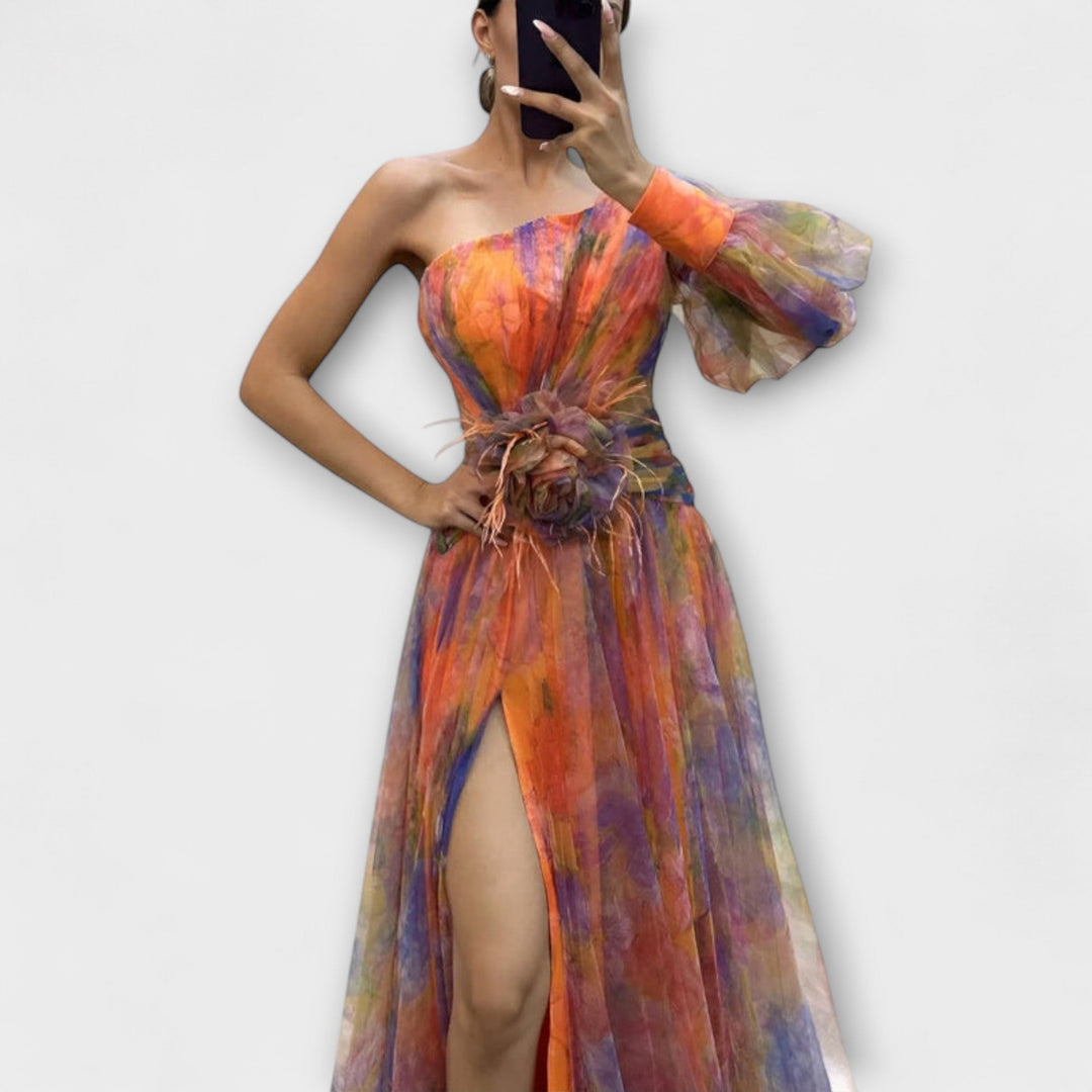 Minna - Lila asymmetrisches Maxikleid mit Print