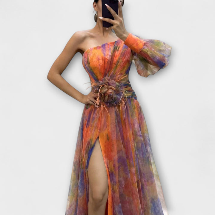 Minna - Lila asymmetrisches Maxikleid mit Print