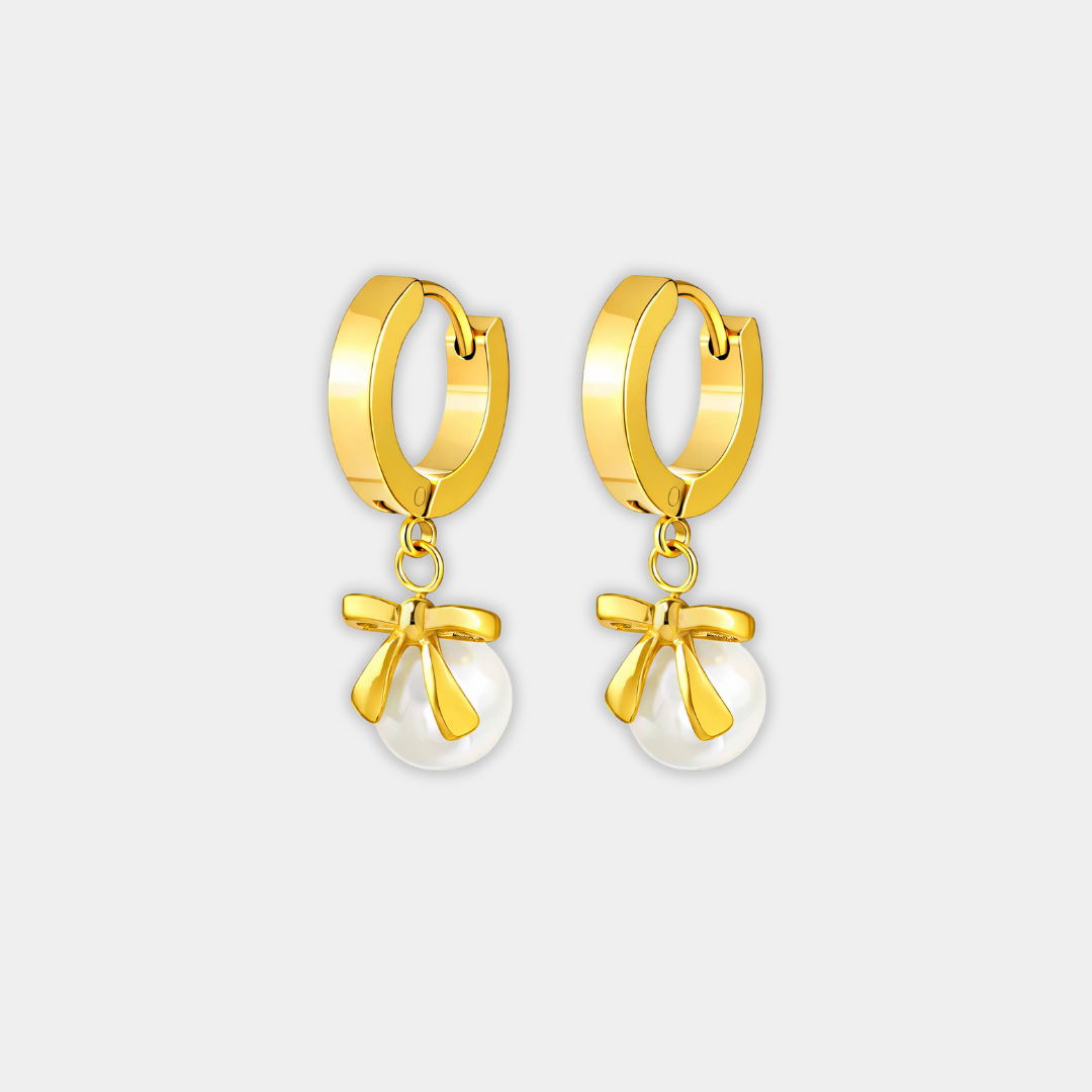 Gold Pearl Bow Drop Earrings Bláthnaid
