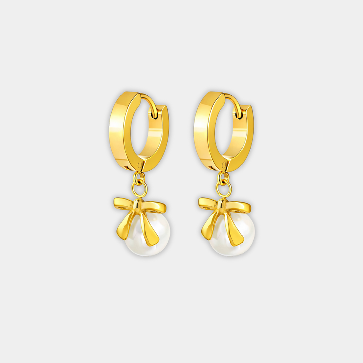 Gold Pearl Bow Drop Earrings Bláthnaid